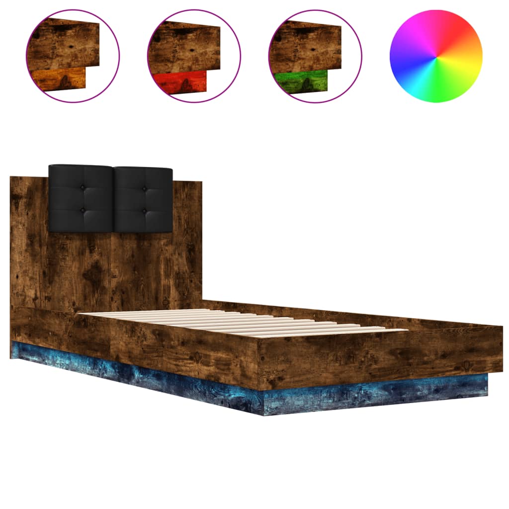 Estrutura de cama de solteiro moderno c/ cabeceira/luzes led 90x200 cm carvalho fumado