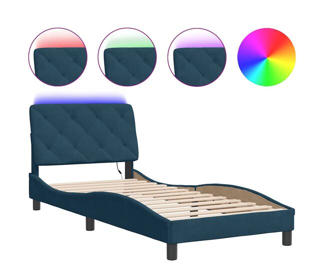 Estrutura de cama de solteiro para adultos com led 90x200 cm veludo azul