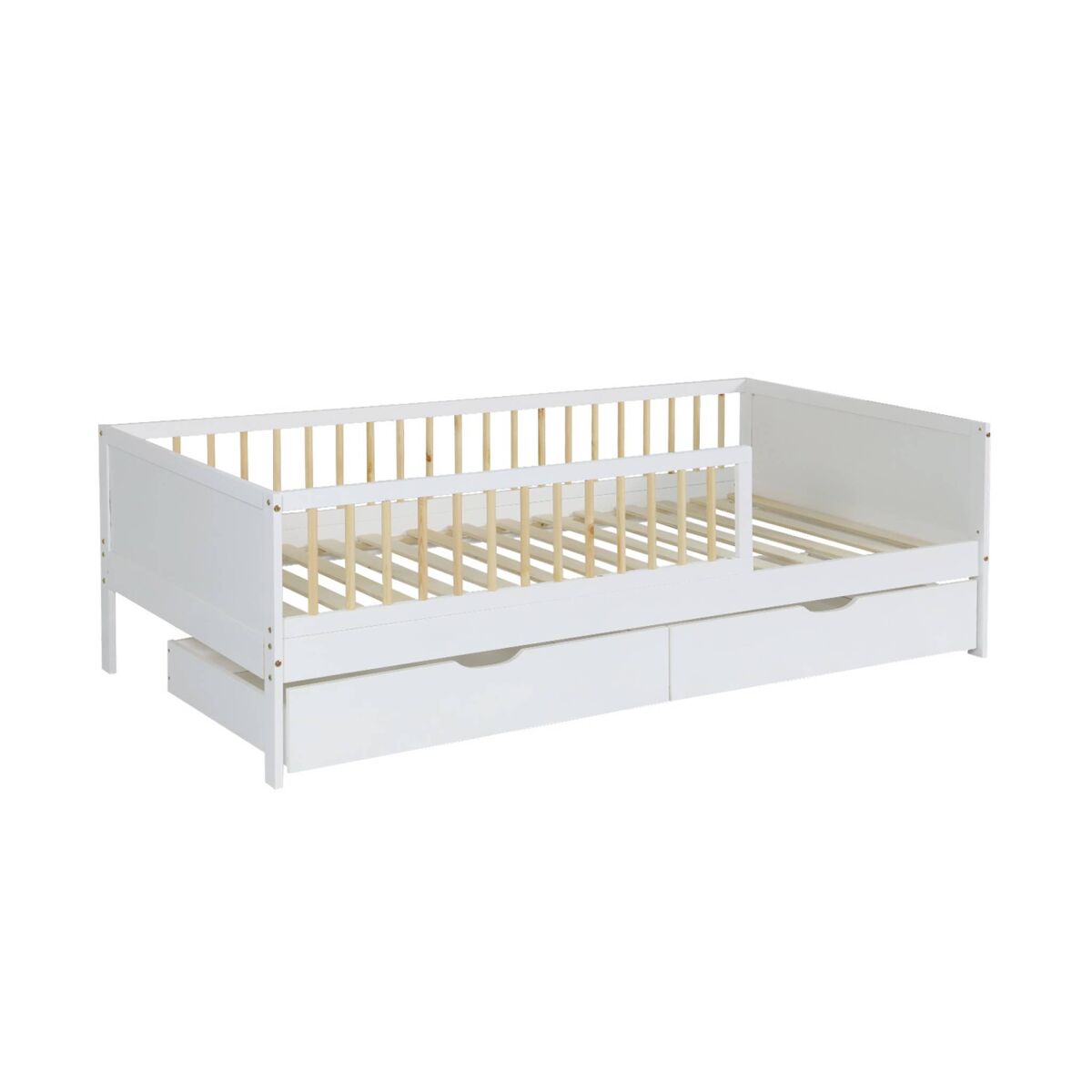 Cama ninho infantil  190cm pinho natural com estrado de ripas e gavetas blanc - 195x95.5x60 cm