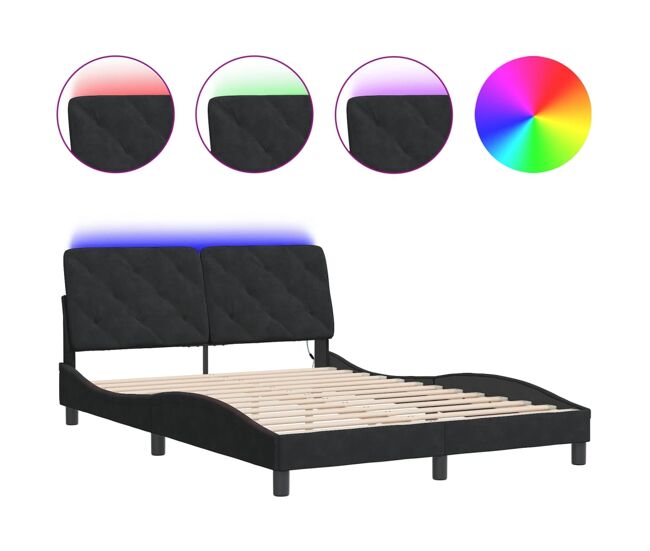 Estrutura de cama de casal moderno com led sem colchão 140x190 cm veludo preto