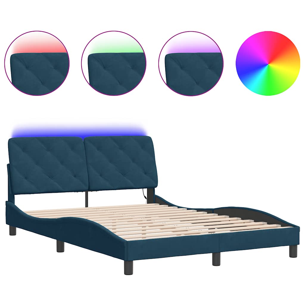 Estrutura de cama de casal moderno com led sem colchão 140x190 cm veludo azul