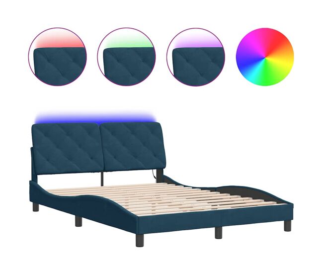 Estrutura de cama de casal moderno com led sem colchão 140x190 cm veludo azul