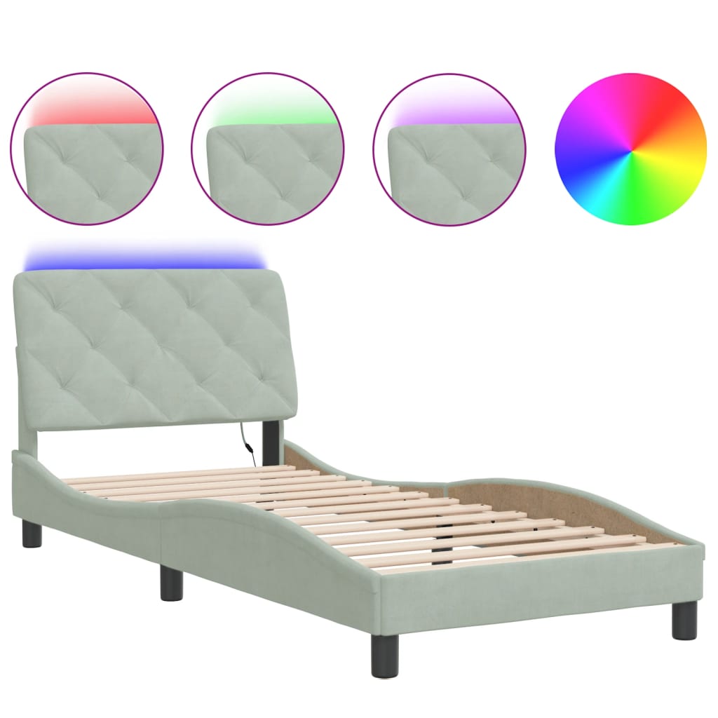 Estrutura de cama de solteiro simple com led 90x190 cm veludo cinzento-claro