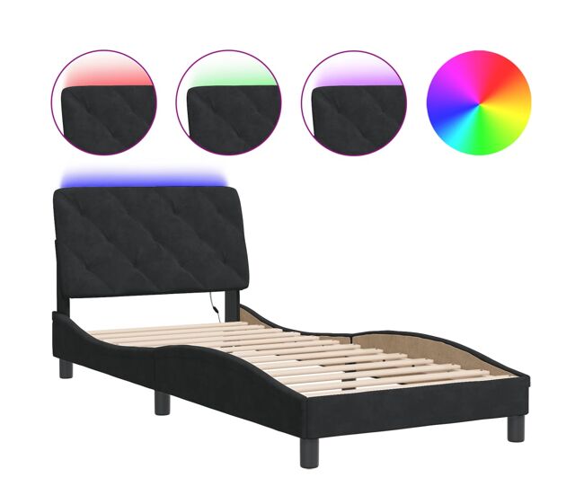 Estrutura de cama de solteiro para adultos com led 90x200 cm veludo preto