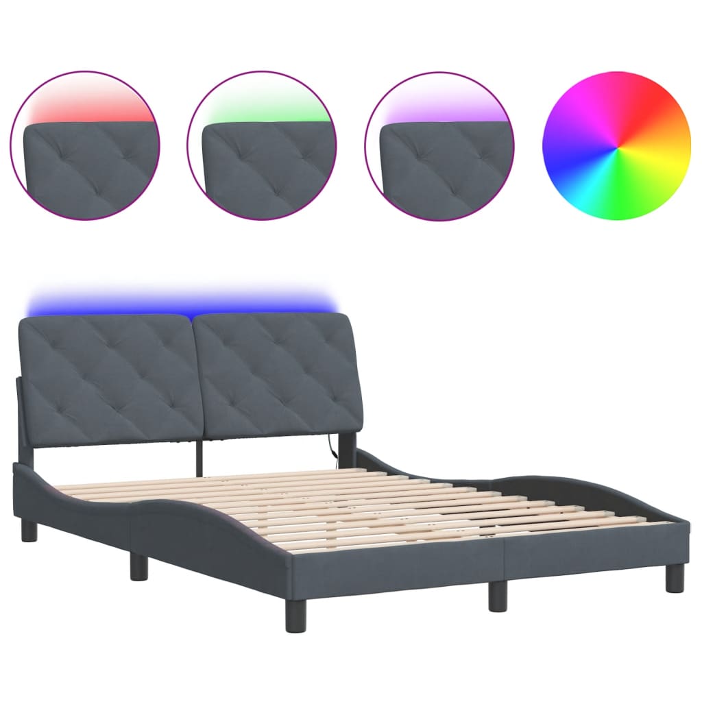 Estrutura de cama de casal moderno com led sem colchão 140x190cm veludo cinzento-escuro