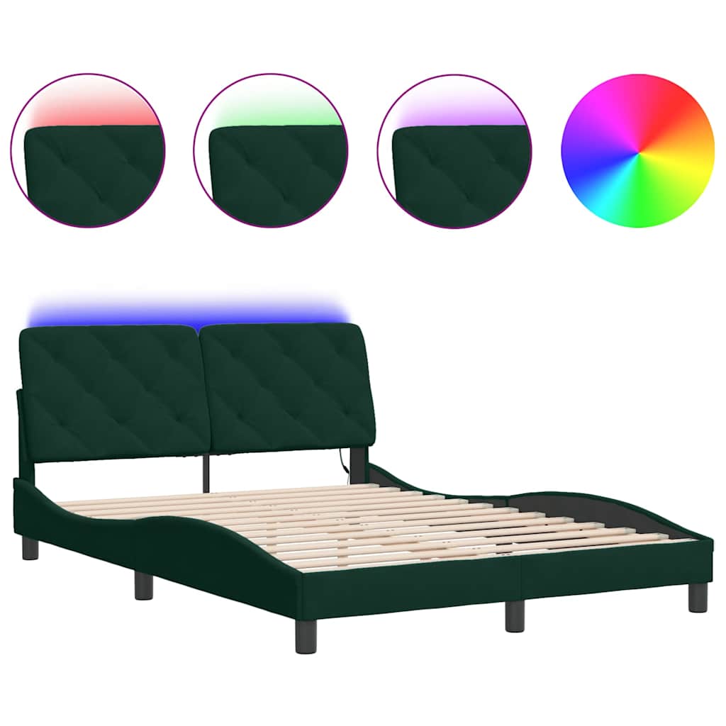 Estrutura de cama de casal moderno com led sem colchão 140x190 cm veludo verde-escuro