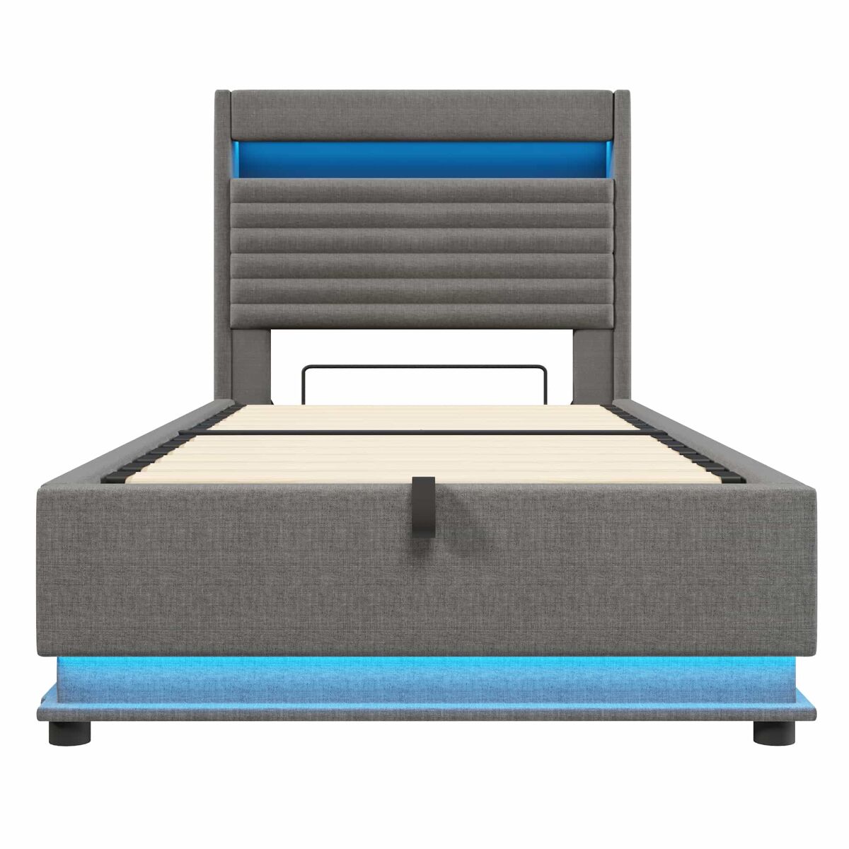 Cama estofada 90x200 cm - com armazenamento hidráulico, led, usb tipo-c, compartimento flip-top - cinza