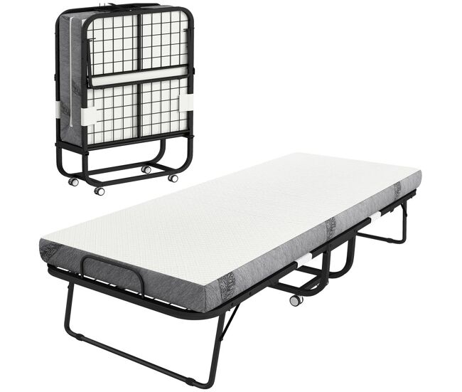 Homcom cama dobrável 200x75x42,5cm cama de campismo portátil com colchão individual rodas e freios carga máxima 150kg para dormitórios branco